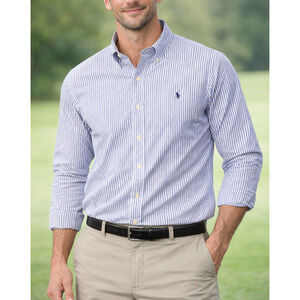 Polo Ralph Lauren Mens L Blue White Striped Button Down Shirt Pony Logo Classic